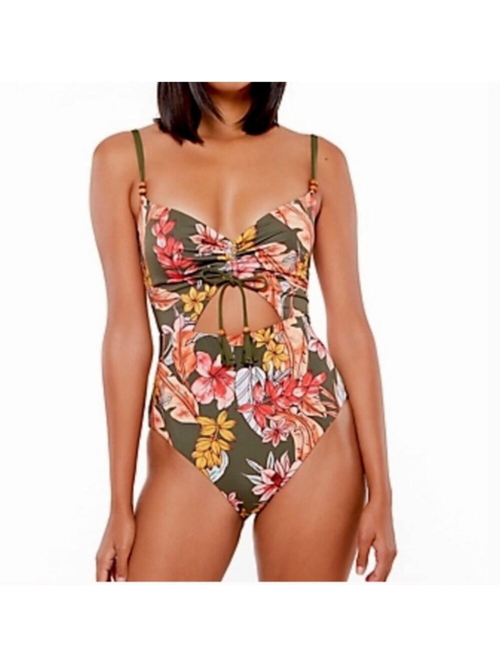 Sanctuary Swim Olive Green Floral Keyhole One Piece Swimsuit L Botanic